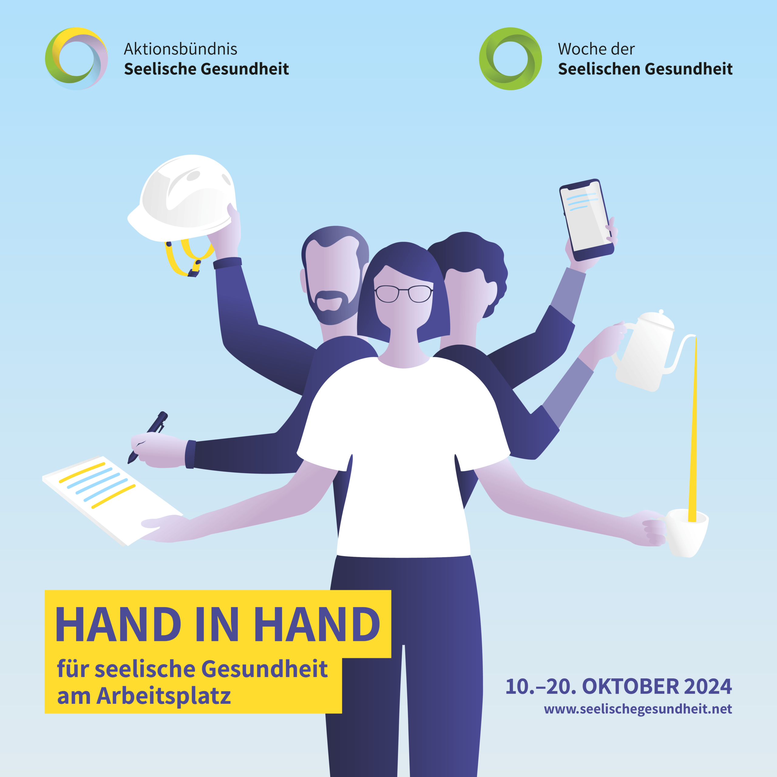 Woche der Seelischen Gesundheit: Hand in Hand für seelische Gesundheit am Arbeitsplatz 240322 asg keyvisual bildpost1 1080x1080 300dpi scaled