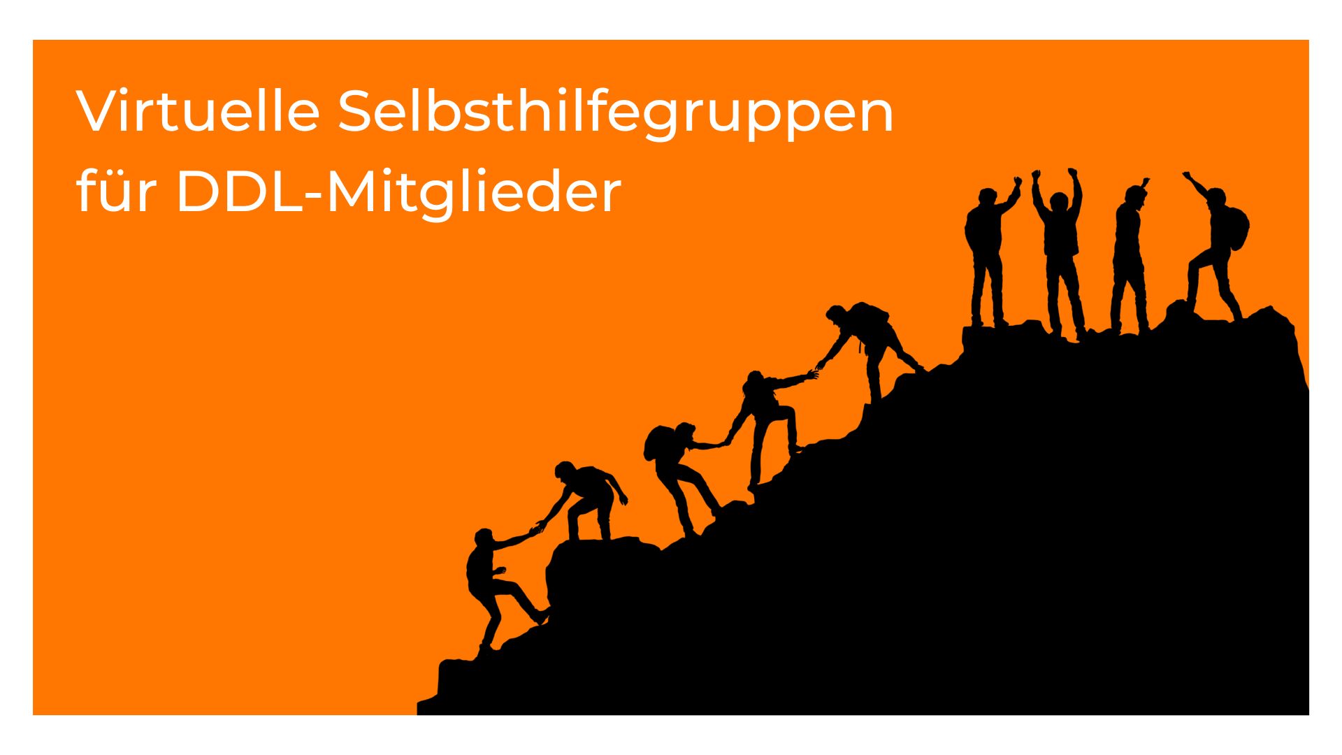 Illustration von Menschen, die sich gegenseitig beim Aufstieg auf einen Berg unterstützen. Visualisiert virtuelle Selbsthilfegruppen der Deutschen DepressionsLiga
